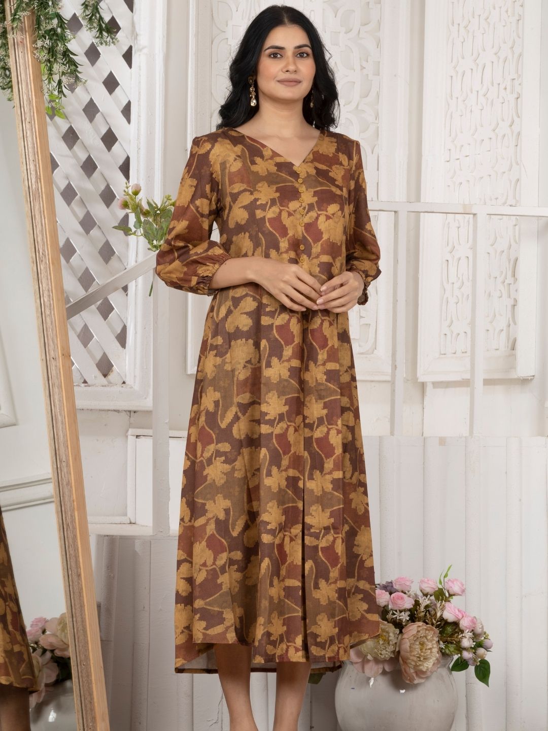 Honey Mustard Camotone Floral Midi Dress