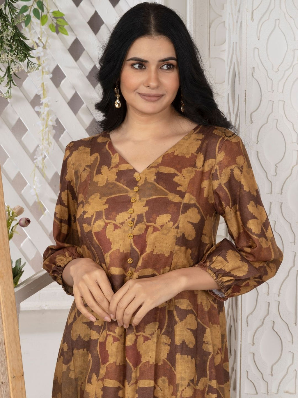 Honey Mustard Camotone Floral Midi Dress