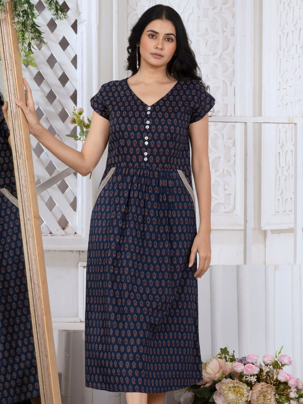 Navy Blue Indie Motifs Midi Dress