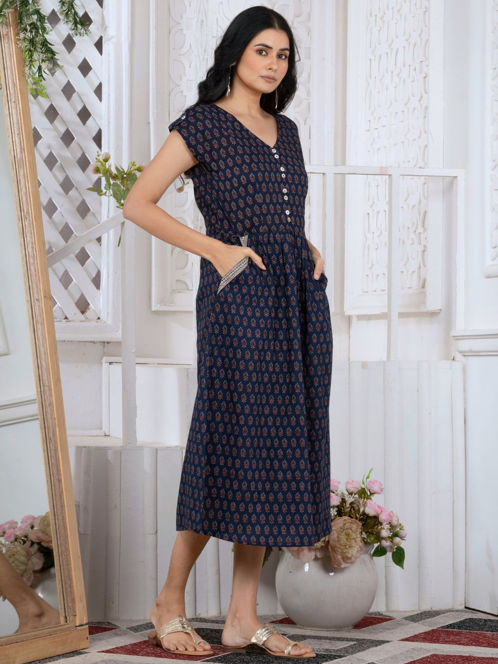 Navy Blue Indie Motifs Midi Dress