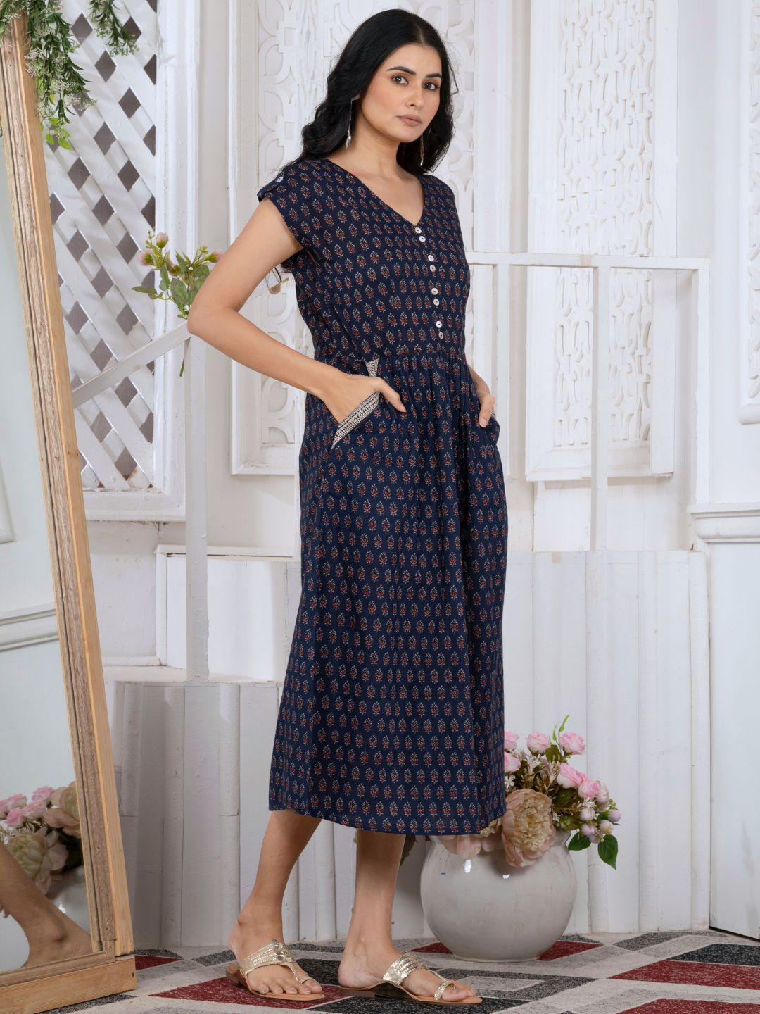 Navy Blue Indie Motifs Midi Dress