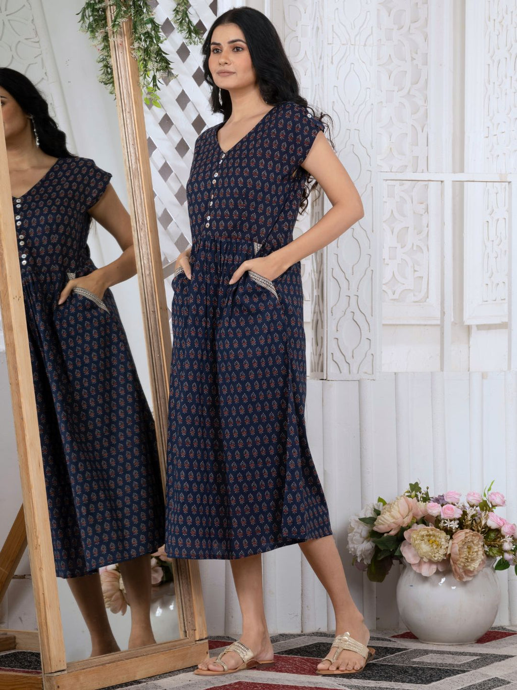 Navy Blue Indie Motifs Midi Dress