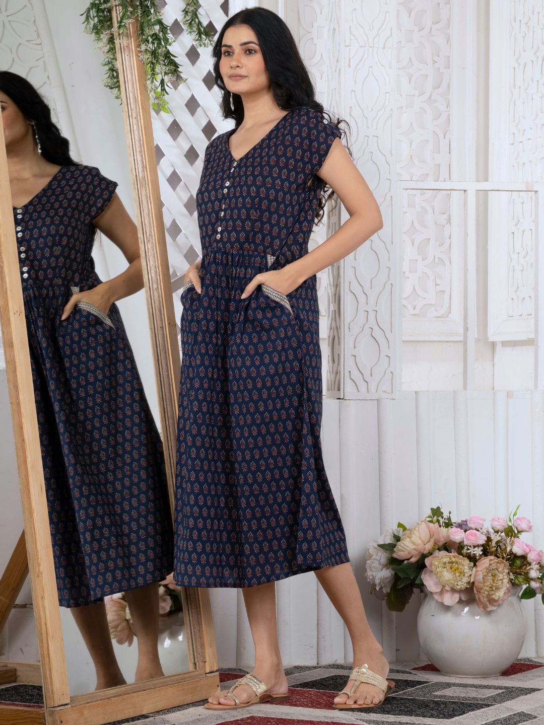 Navy Blue Indie Motifs Midi Dress