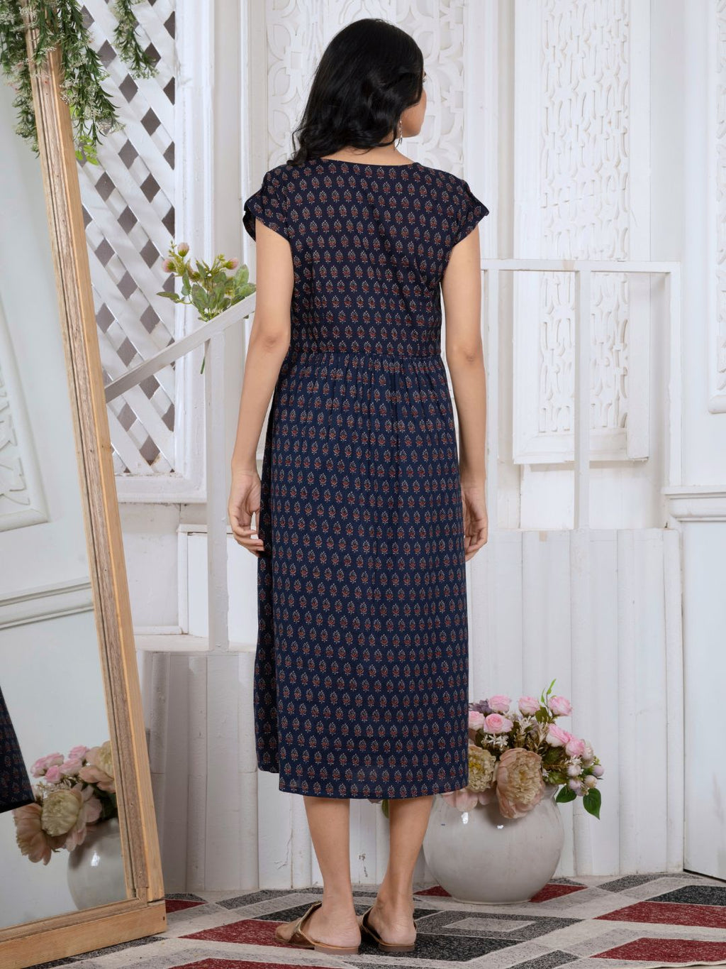 Navy Blue Indie Motifs Midi Dress – Saffron Threads