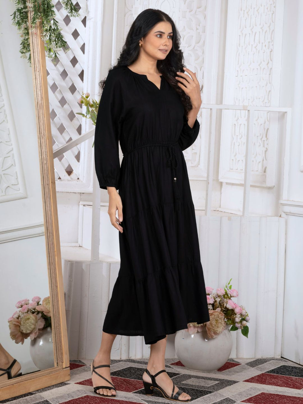 Jet Black Iconic Boho Tiered Midi Dress with waist belt