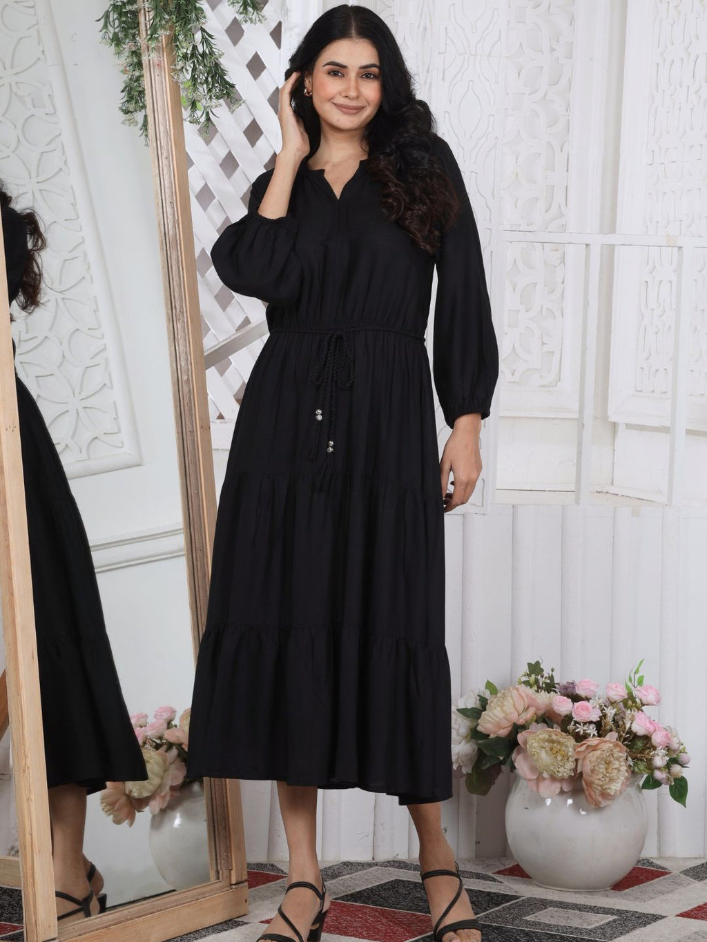 Jet Black Iconic Boho Tiered Midi Dress with waist belt