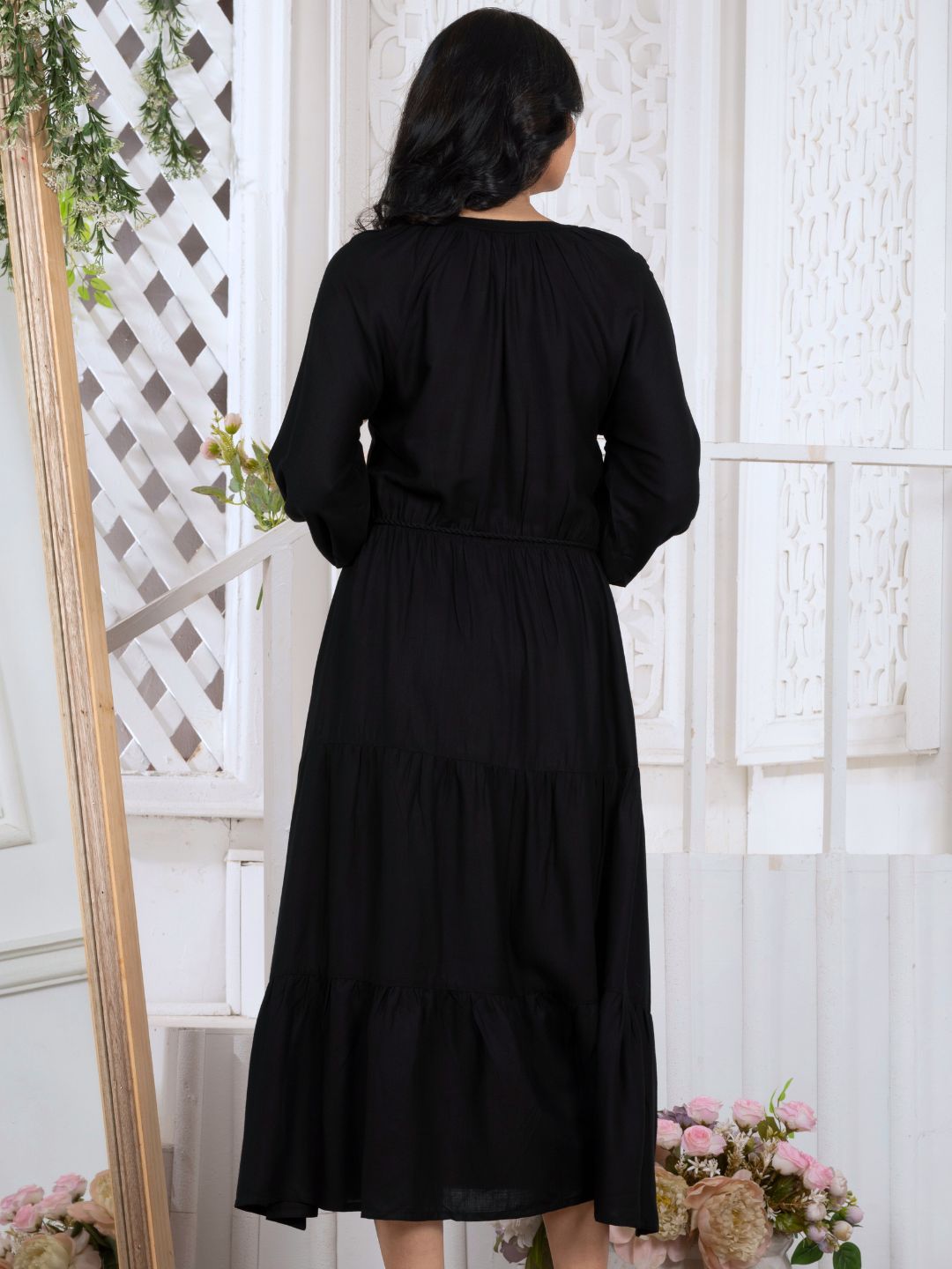 Jet Black Iconic Boho Tiered Midi Dress with waist belt