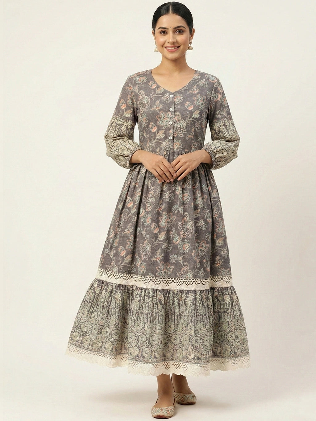 Fossil Grey Vintage Meadow Boho Tiered Dress