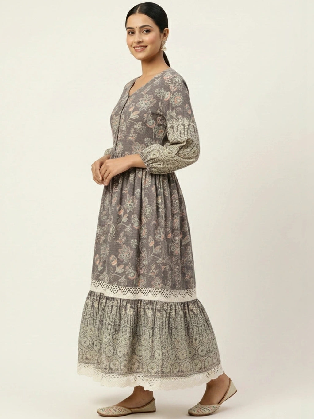 Fossil Grey Vintage Meadow Boho Tiered Dress