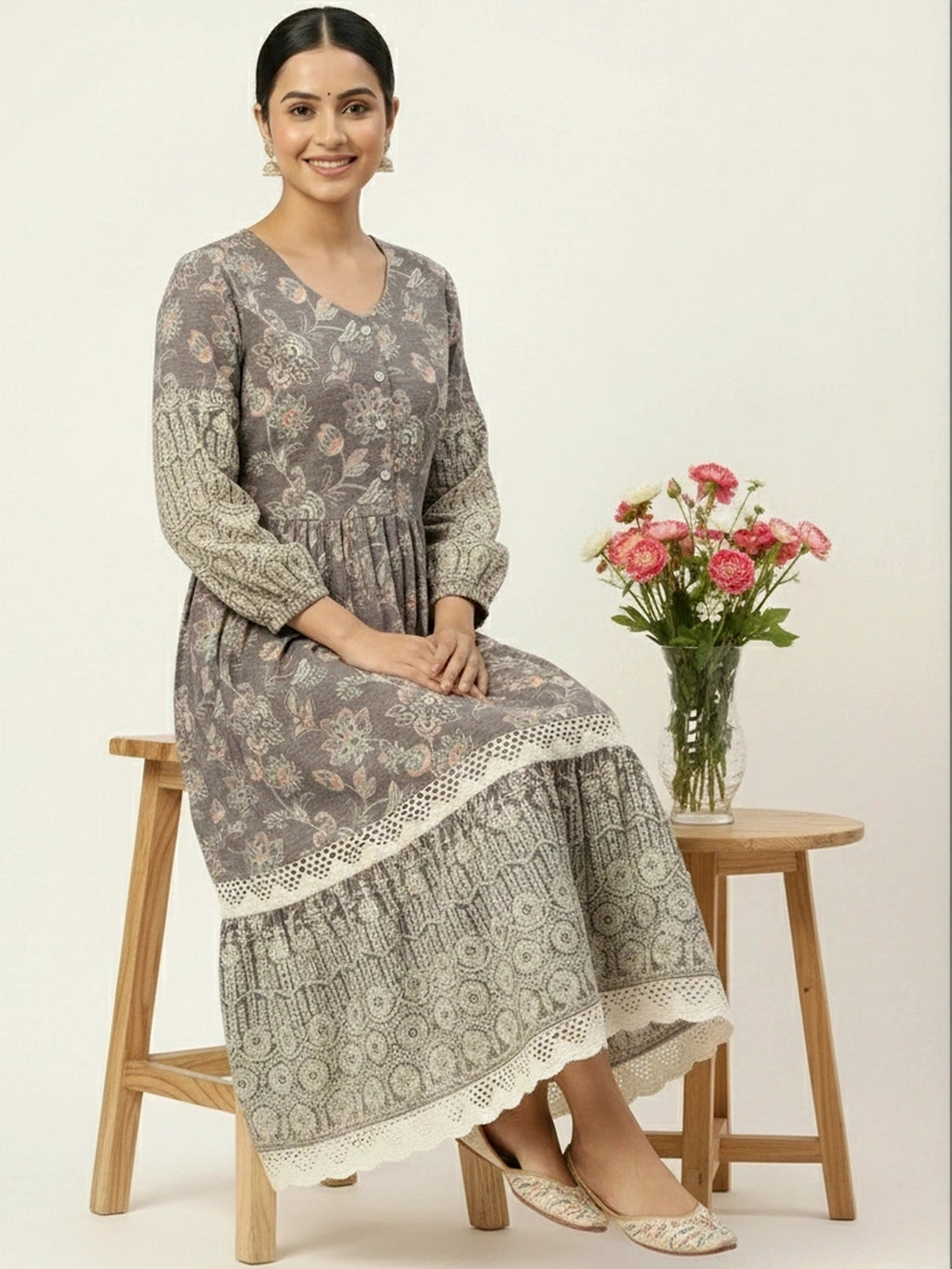 Fossil Grey Vintage Meadow Boho Tiered Dress