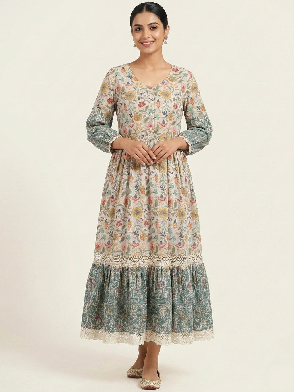 Candlelit Beige Vintage Meadow Boho Tiered Dress