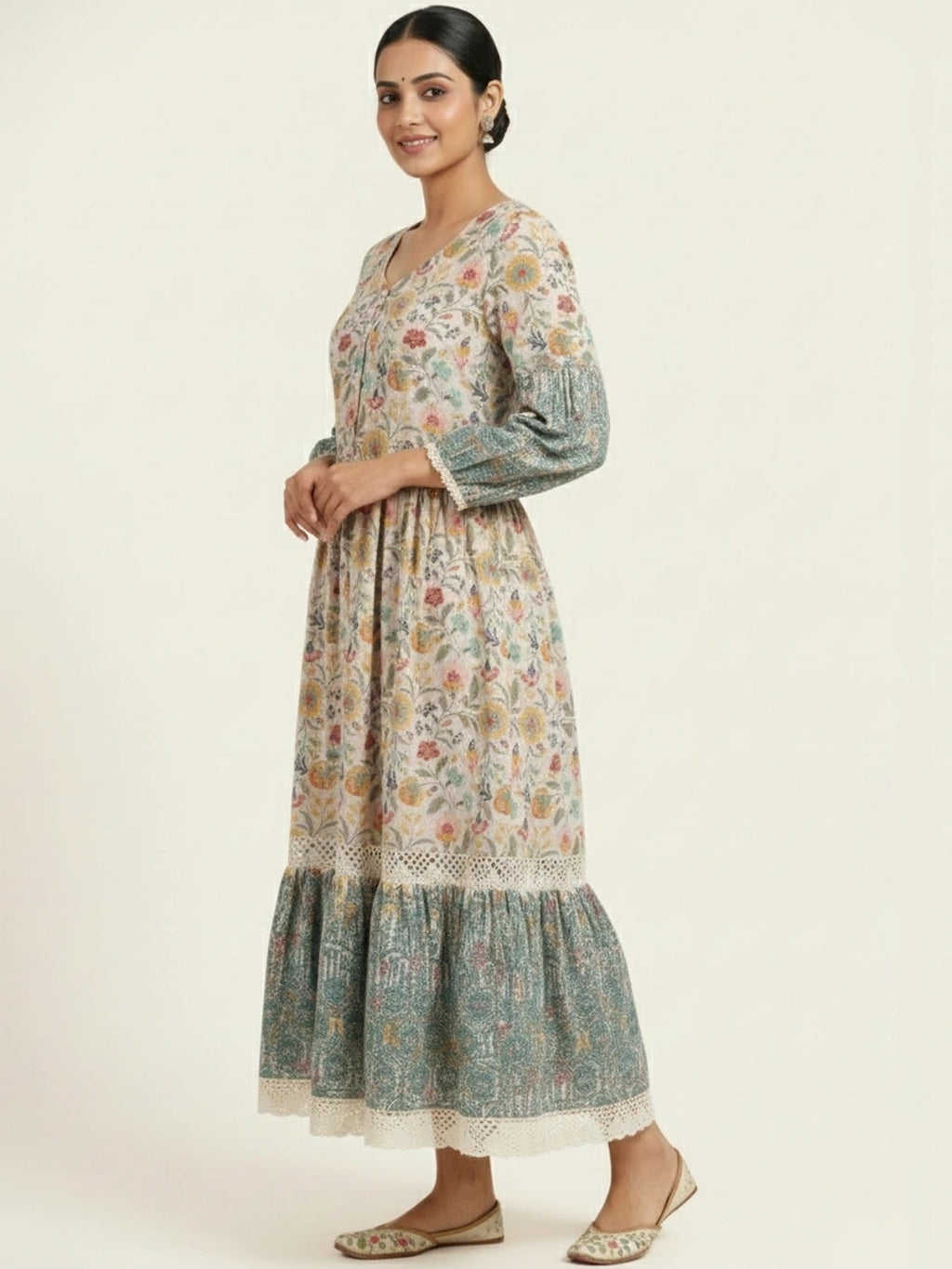 Candlelit Beige Vintage Meadow Boho Tiered Dress