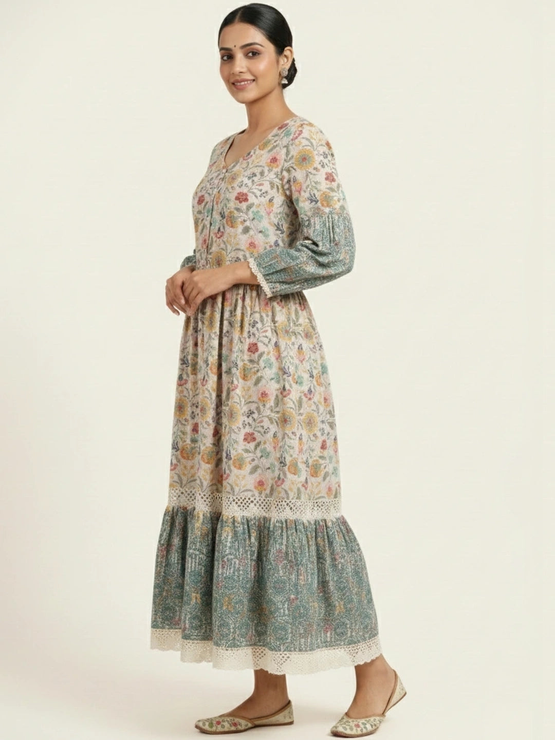 Candlelit Beige Vintage Meadow Boho Tiered Dress