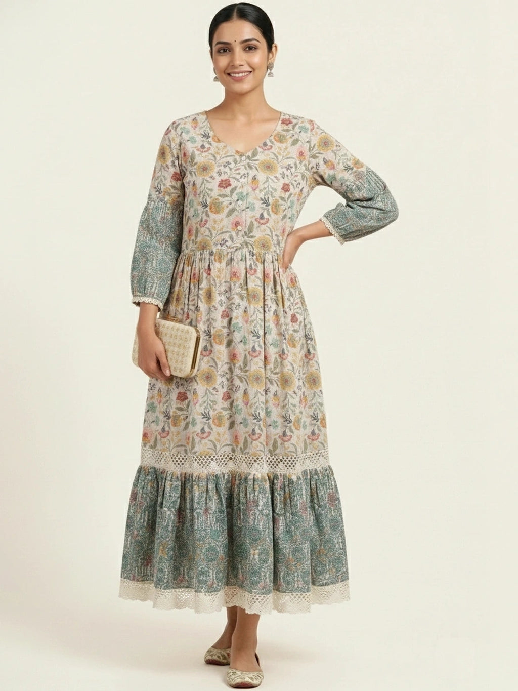 Candlelit Beige Vintage Meadow Boho Tiered Dress