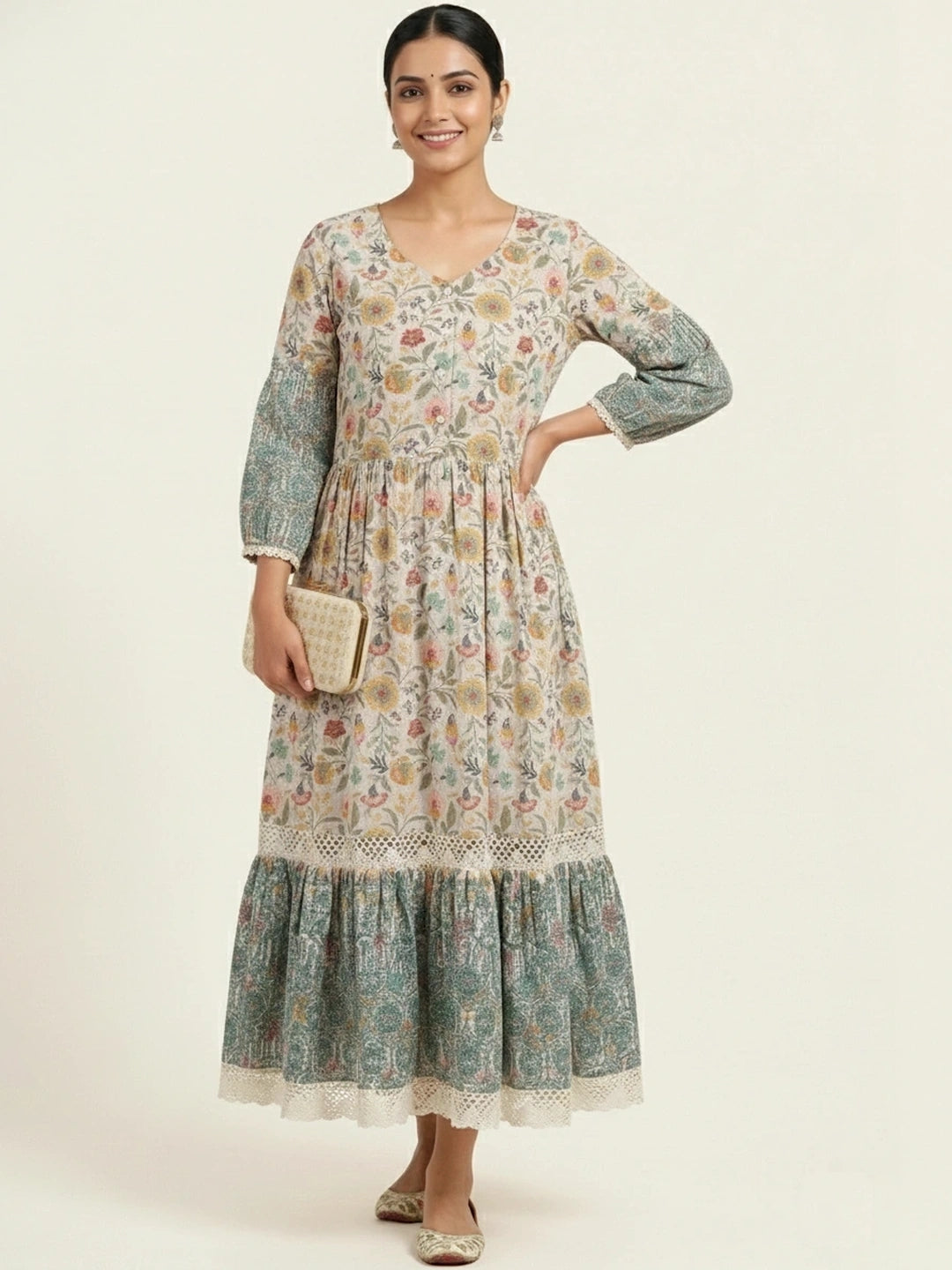 Candlelit Beige Vintage Meadow Boho Tiered Dress