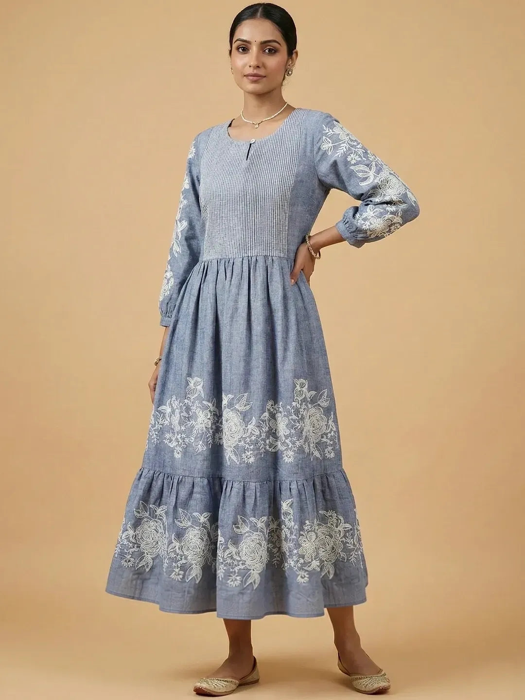 Shadow Blue Chambray Floral Embroidered Tiered Dress