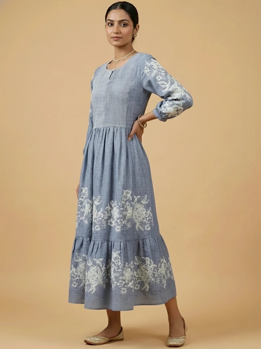 Shadow Blue Chambray Floral Embroidered Tiered Dress