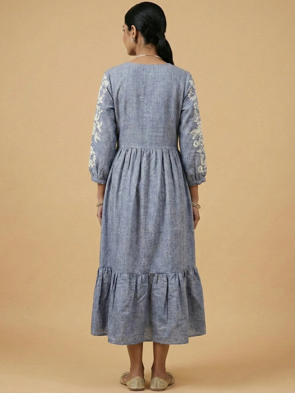 Shadow Blue Chambray Floral Embroidered Tiered Dress