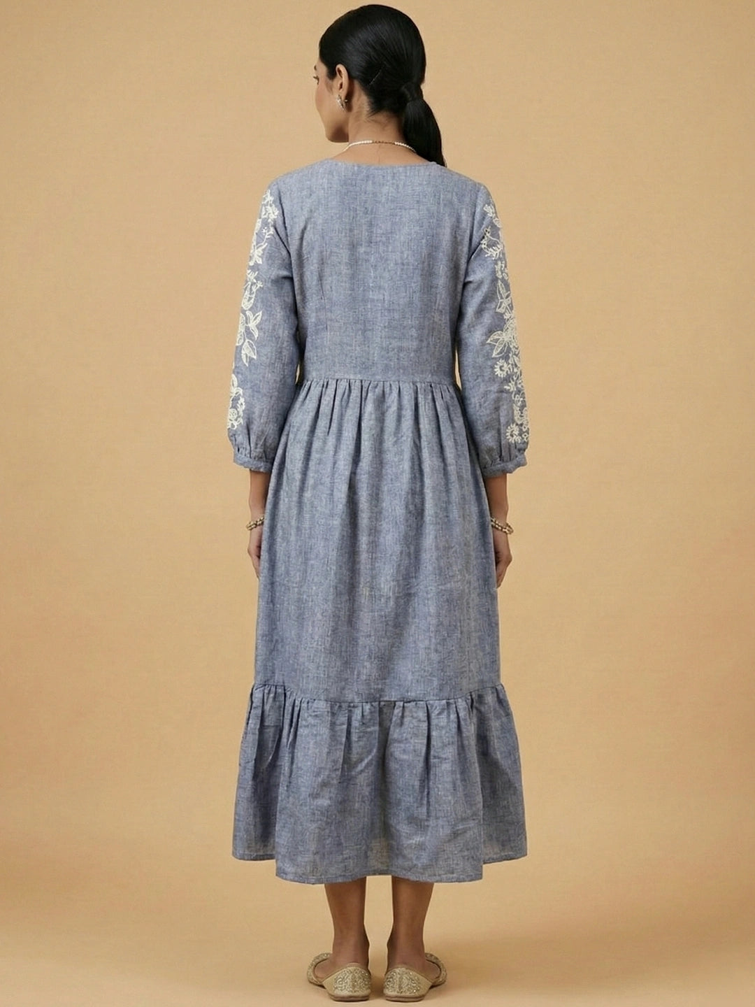 Shadow Blue Chambray Floral Embroidered Tiered Dress