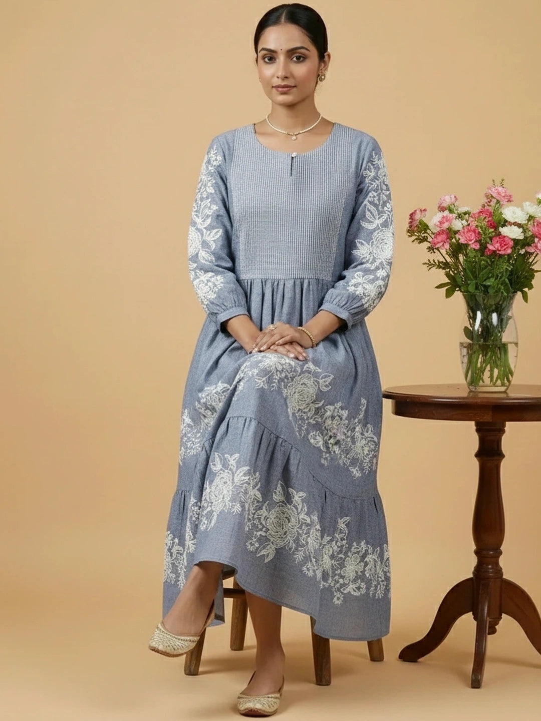 Shadow Blue Chambray Floral Embroidered Tiered Dress