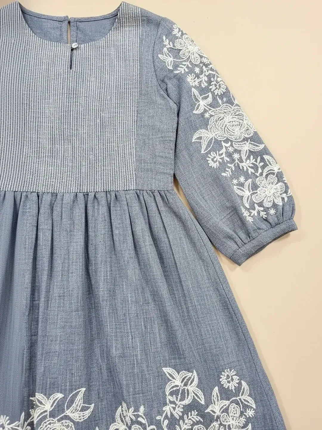 Shadow Blue Chambray Floral Embroidered Tiered Dress