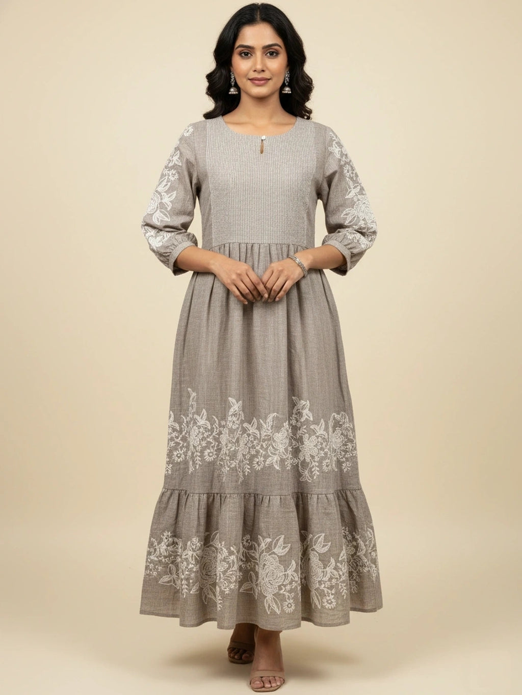 Steel Grey Chambray Floral Embroidered Tiered Dress