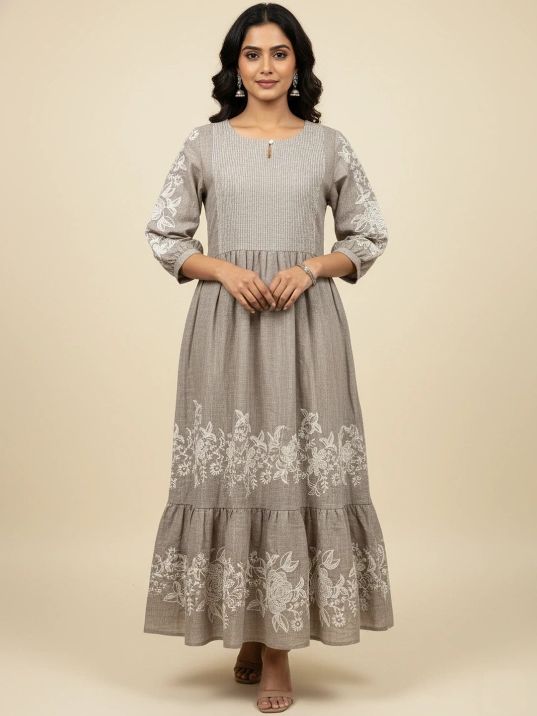 Steel Grey Chambray Floral Embroidered Tiered Dress