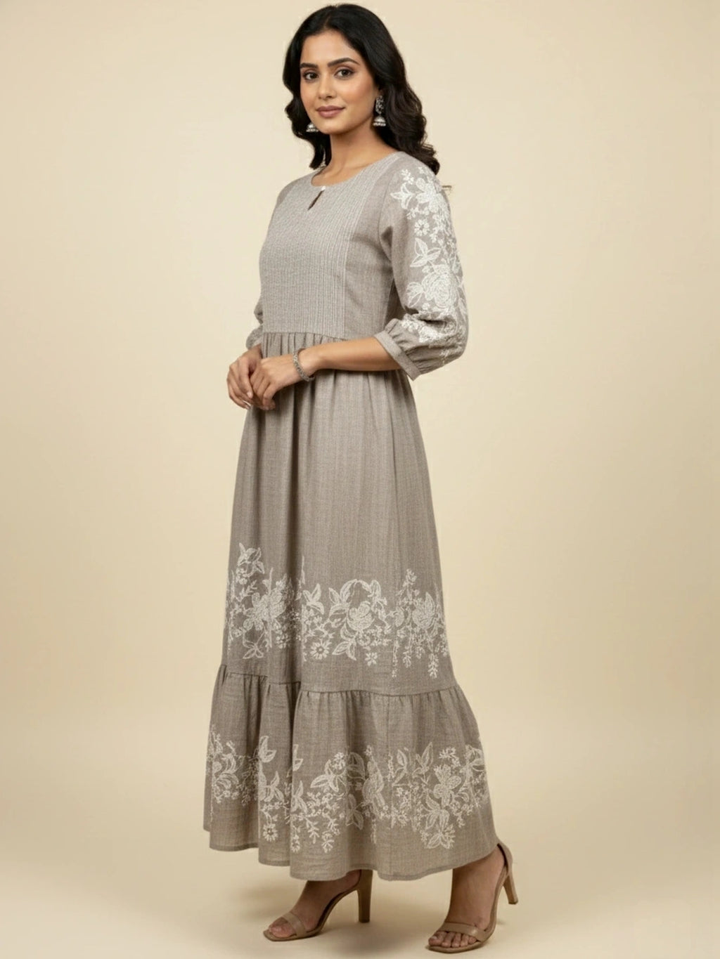 Steel Grey Chambray Floral Embroidered Tiered Dress