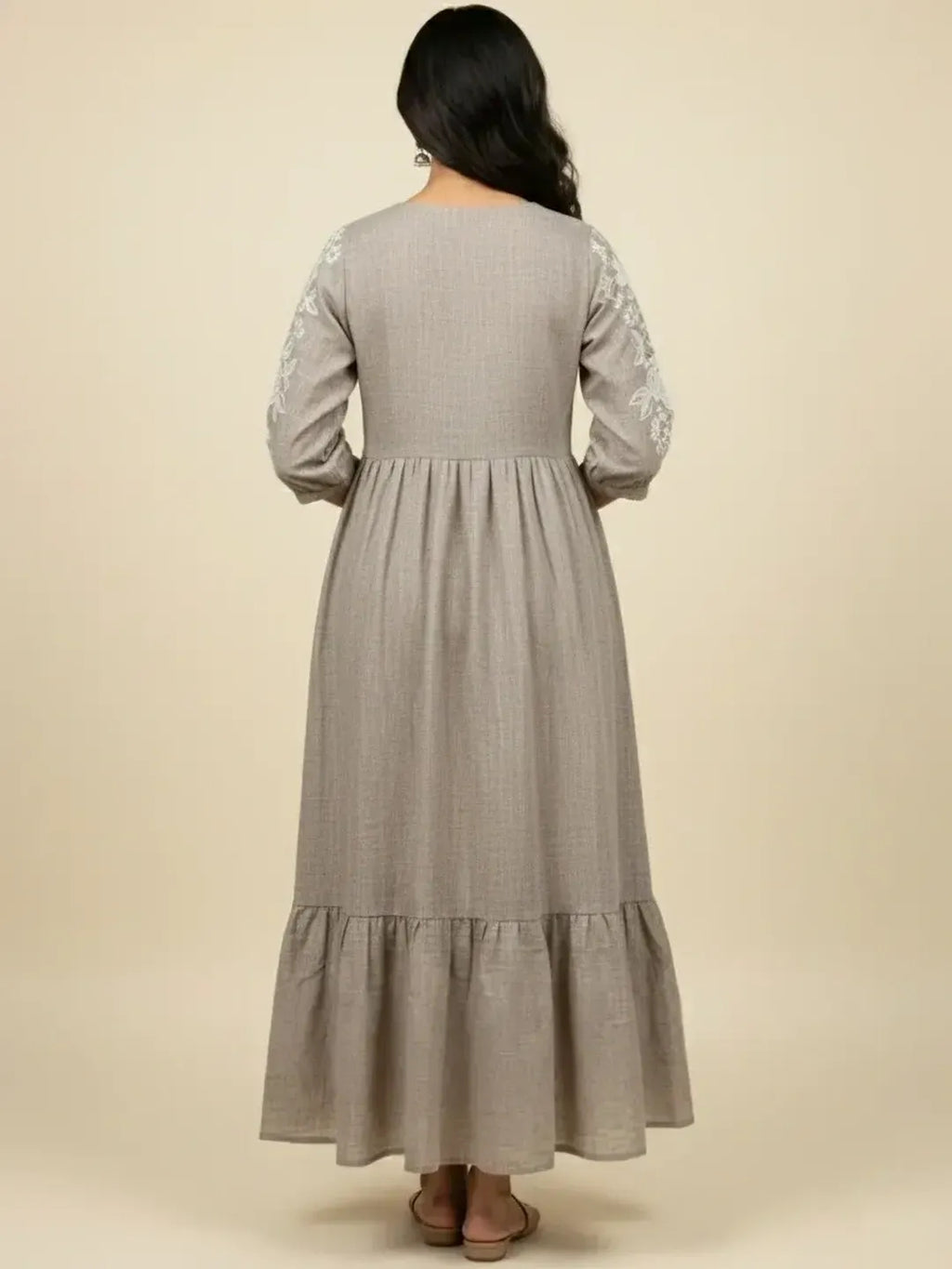 Steel Grey Chambray Floral Embroidered Tiered Dress