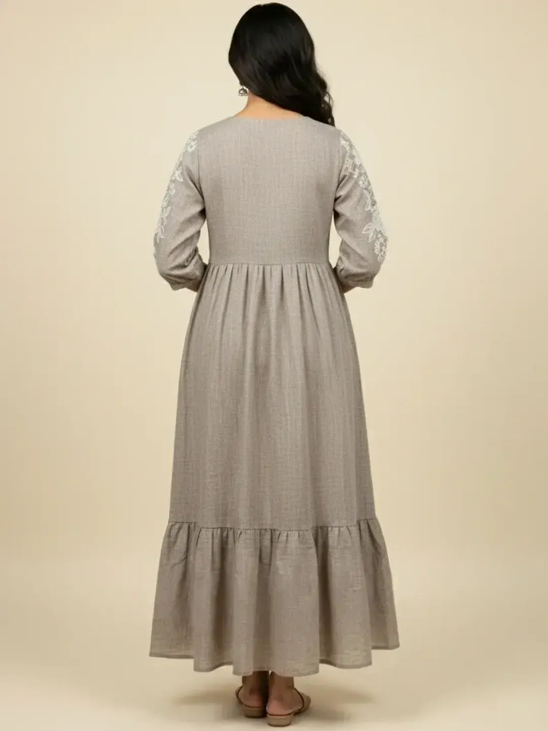 Steel Grey Chambray Floral Embroidered Tiered Dress