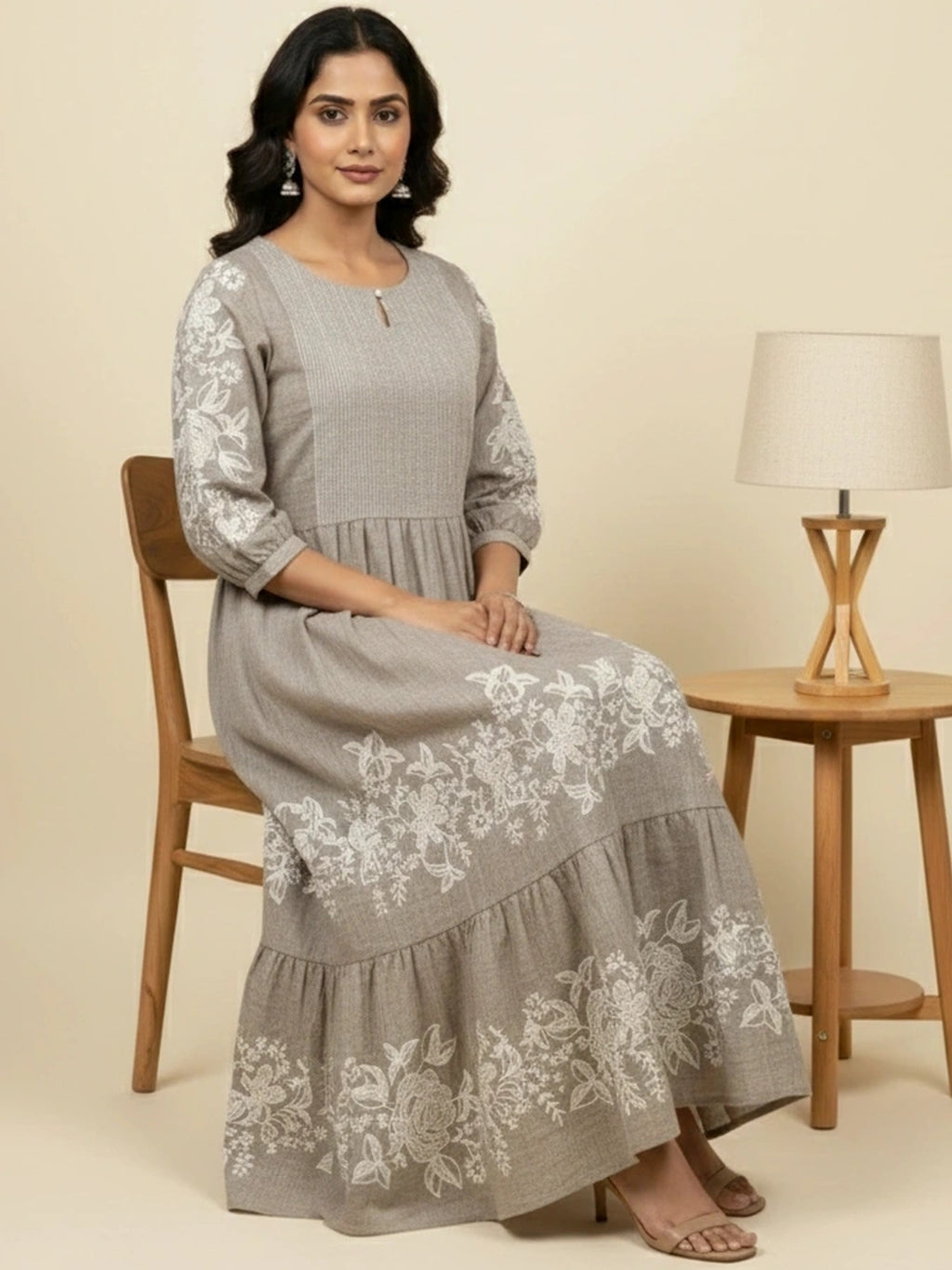 Steel Grey Chambray Floral Embroidered Tiered Dress