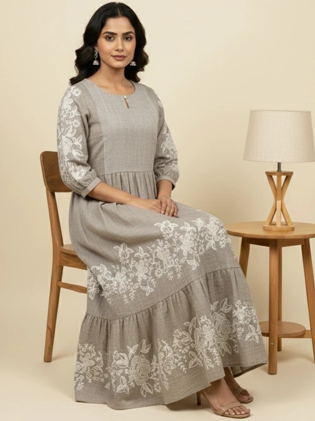 Steel Grey Chambray Floral Embroidered Tiered Dress