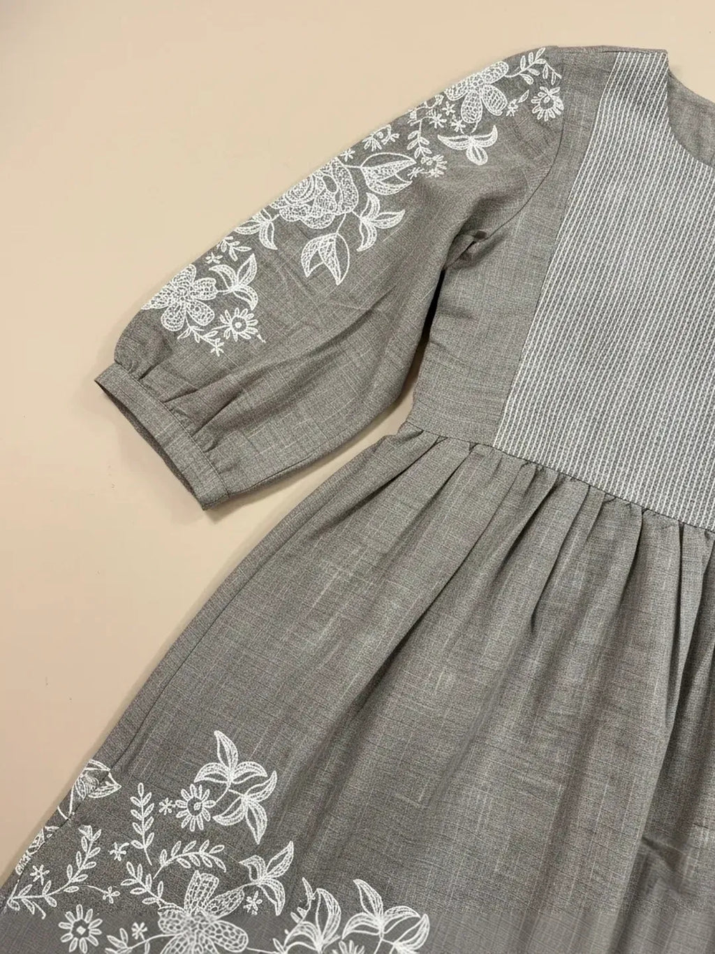 Steel Grey Chambray Floral Embroidered Tiered Dress