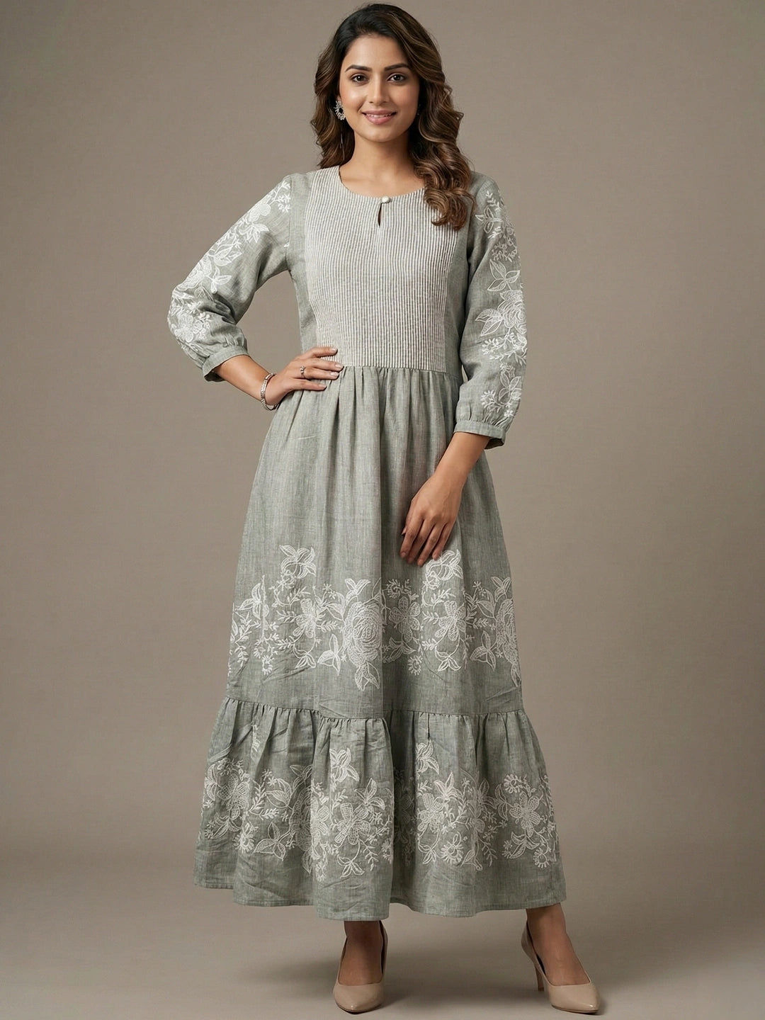 Iceberg Green Chambray Floral Embroidered Tiered Dress