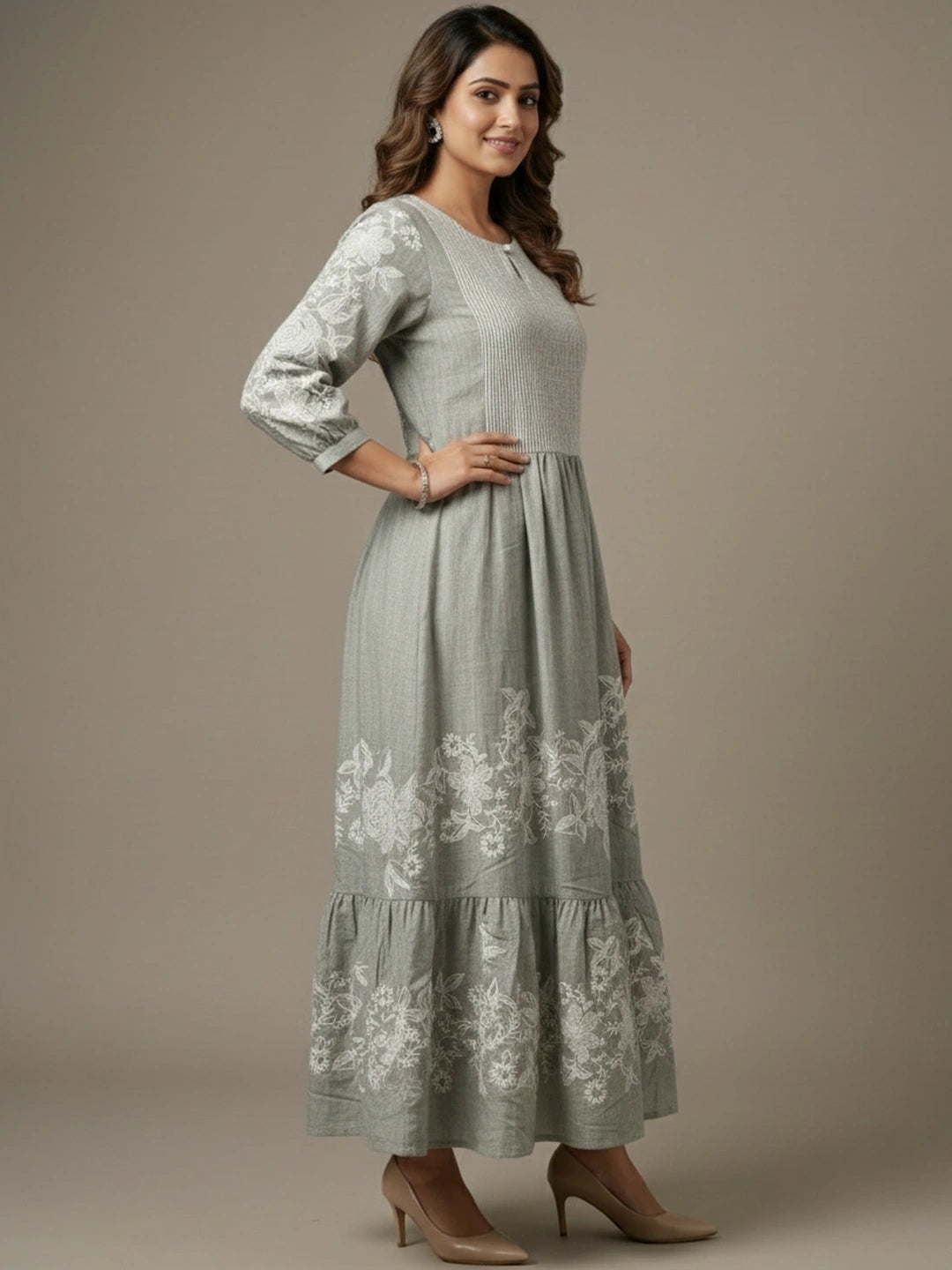 Iceberg Green Chambray Floral Embroidered Tiered Dress