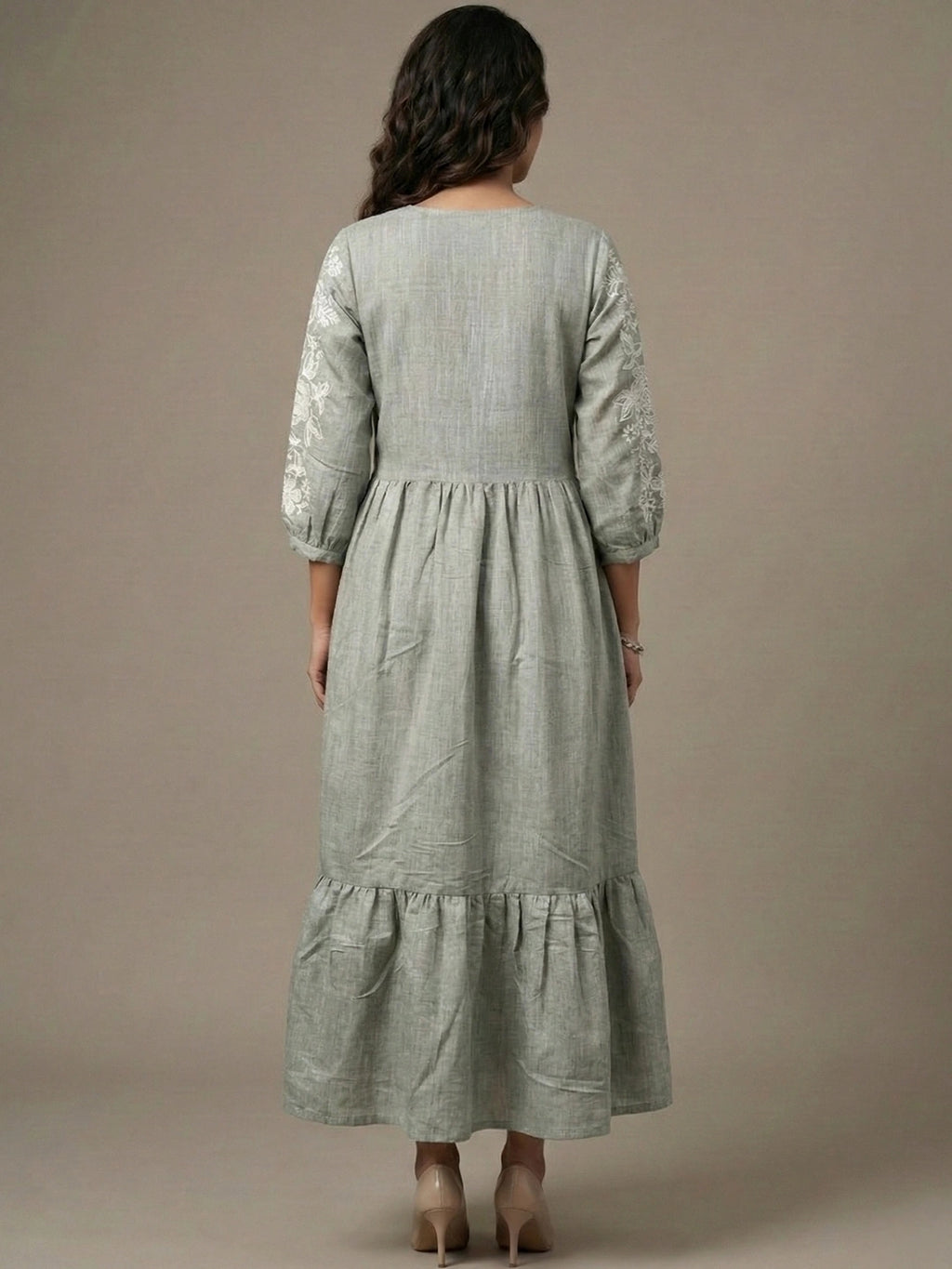 Iceberg Green Chambray Floral Embroidered Tiered Dress