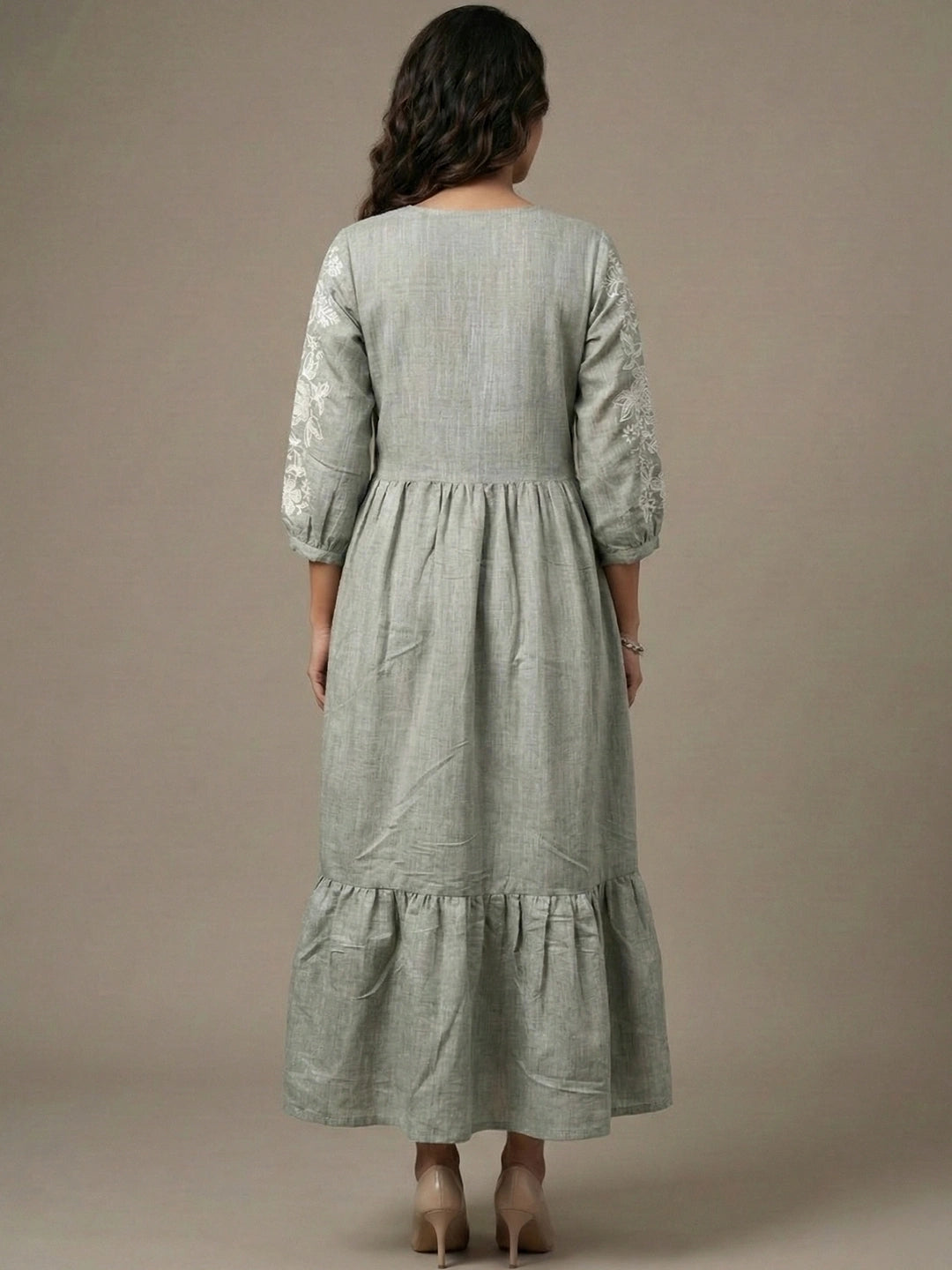Iceberg Green Chambray Floral Embroidered Tiered Dress