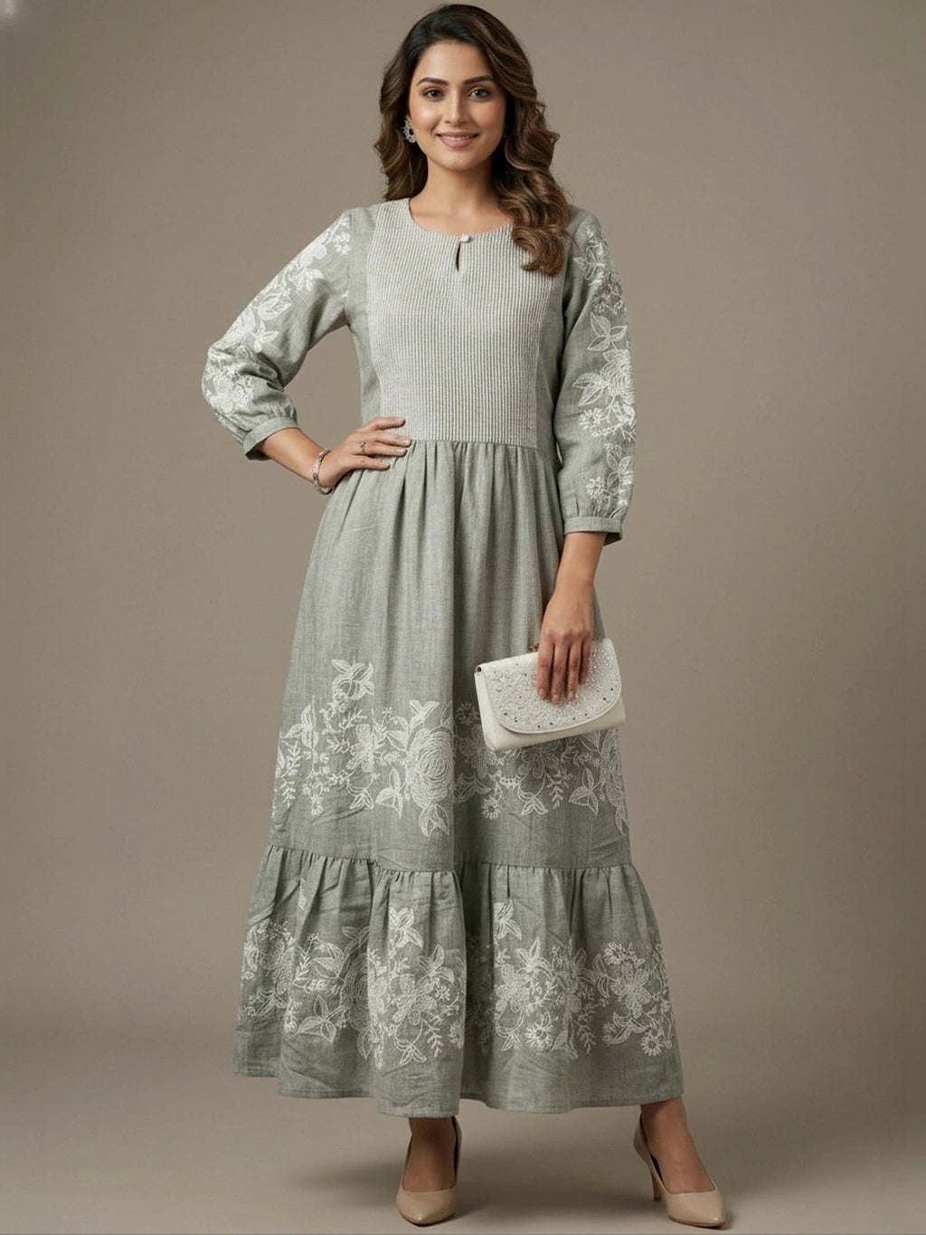 Iceberg Green Chambray Floral Embroidered Tiered Dress