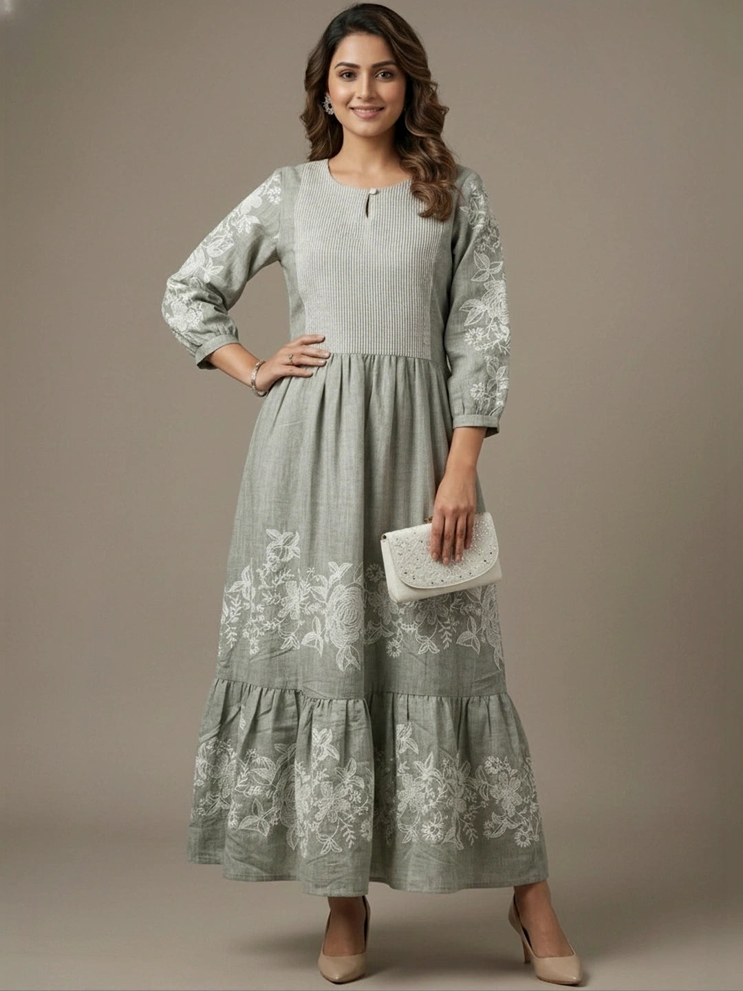 Iceberg Green Chambray Floral Embroidered Tiered Dress
