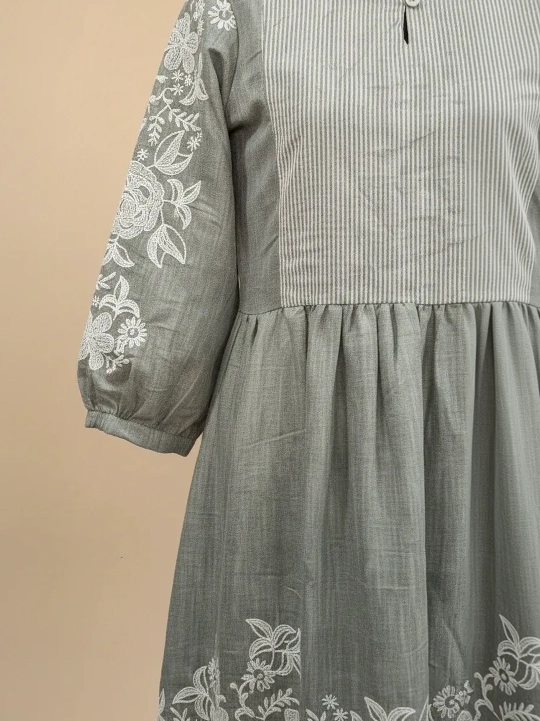 Iceberg Green Chambray Floral Embroidered Tiered Dress