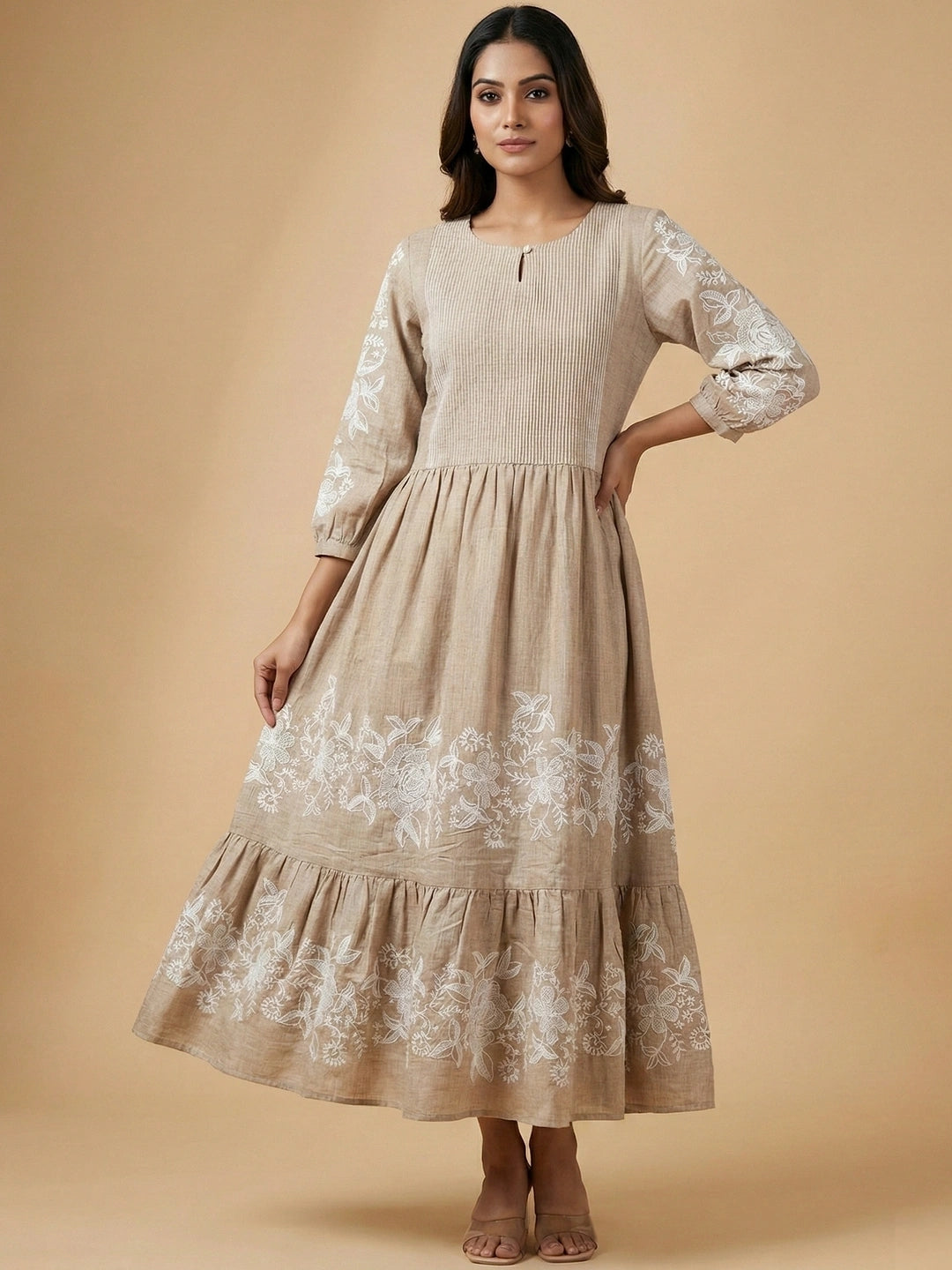 Malibu Beige Chambray Floral Embroidered Tiered Dress