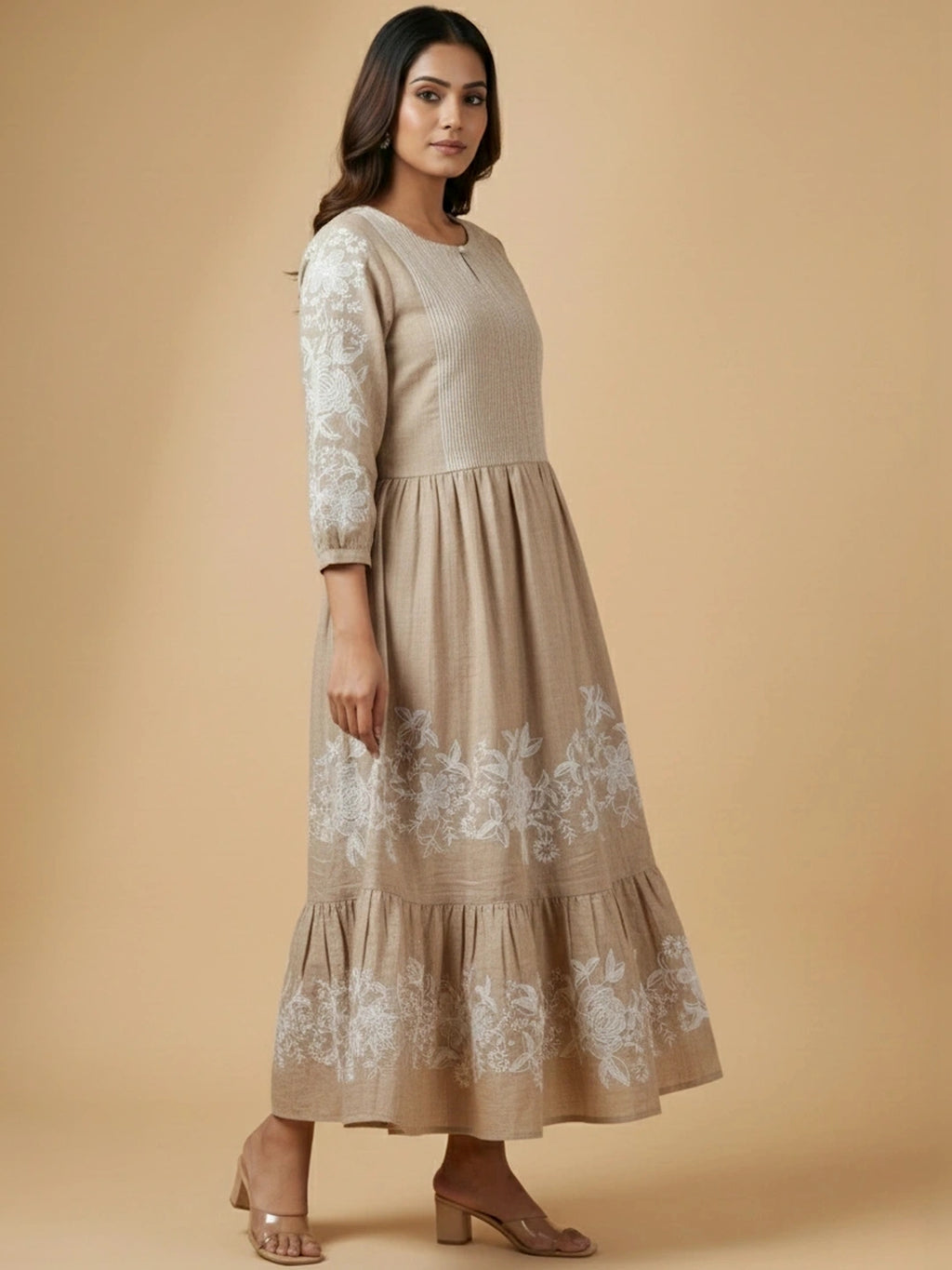Malibu Beige Chambray Floral Embroidered Tiered Dress