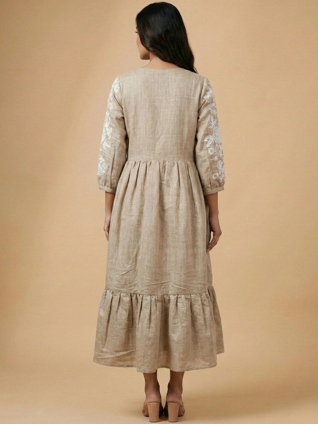 Malibu Beige Chambray Floral Embroidered Tiered Dress