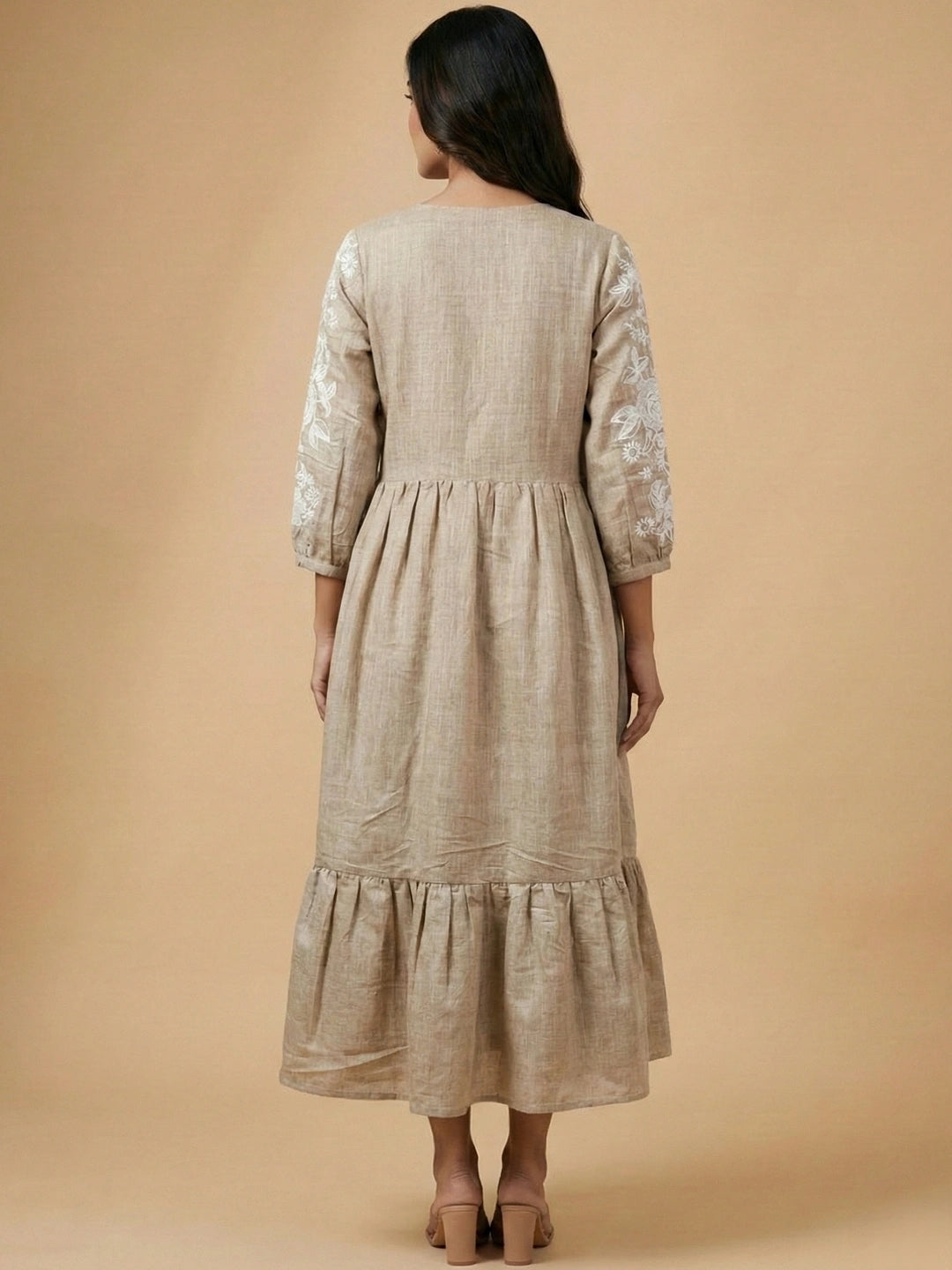 Malibu Beige Chambray Floral Embroidered Tiered Dress