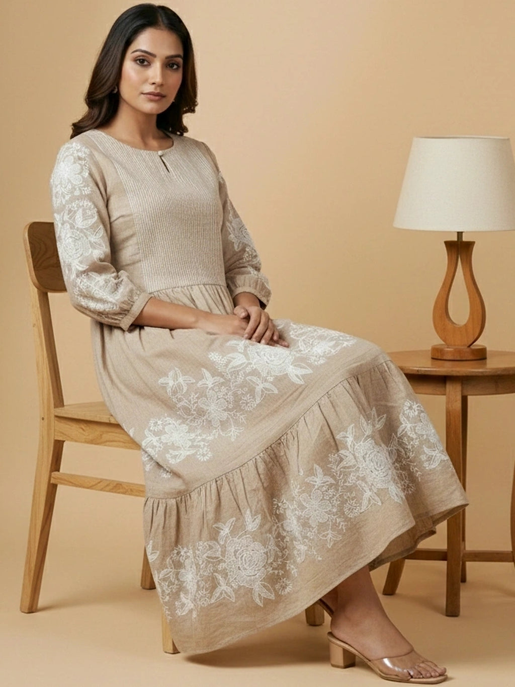 Malibu Beige Chambray Floral Embroidered Tiered Dress