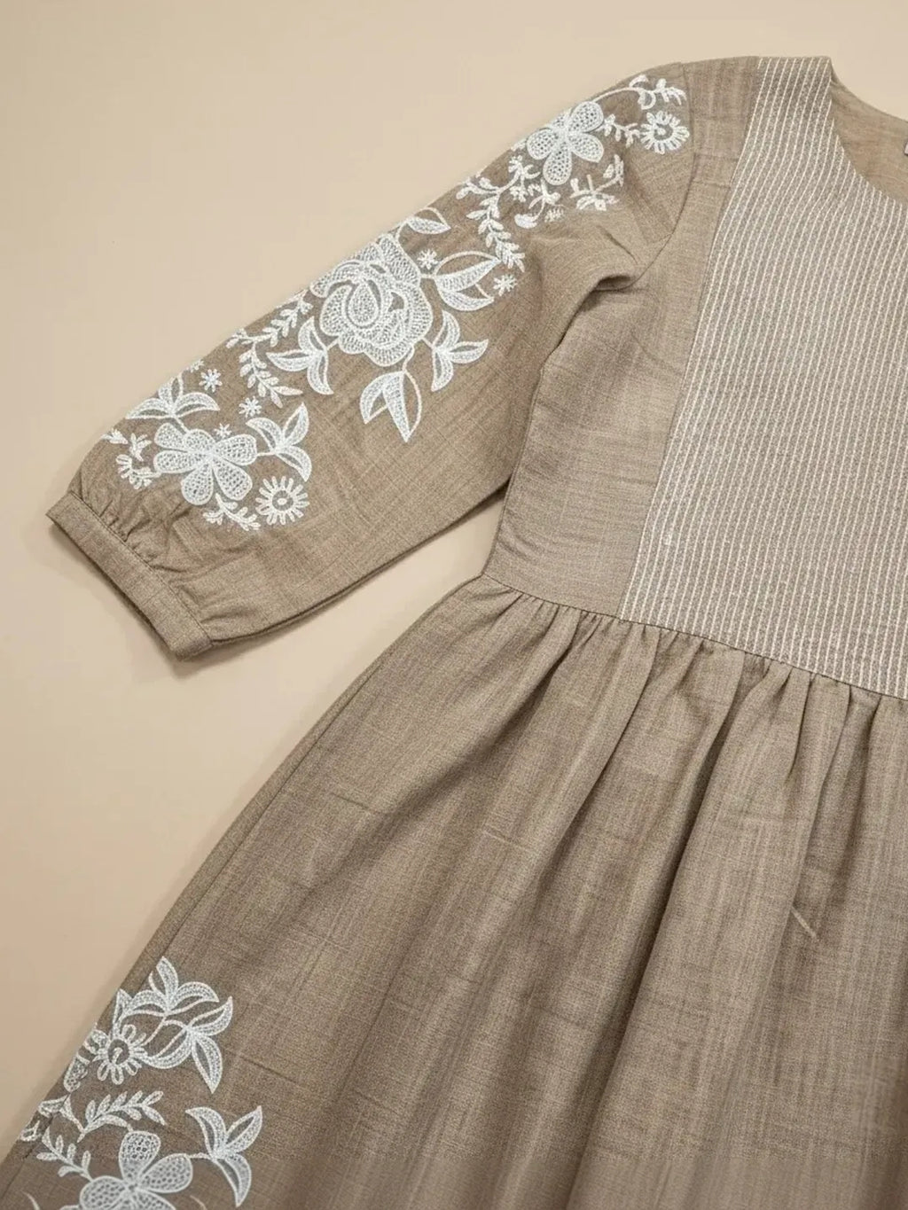 Malibu Beige Chambray Floral Embroidered Tiered Dress