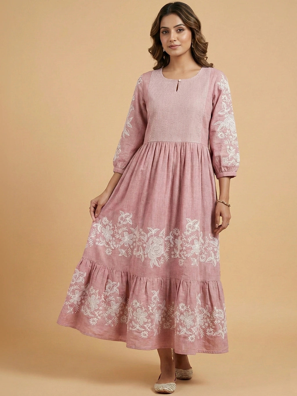 Dawn Pink Chambray Floral Embroidered Tiered Dress