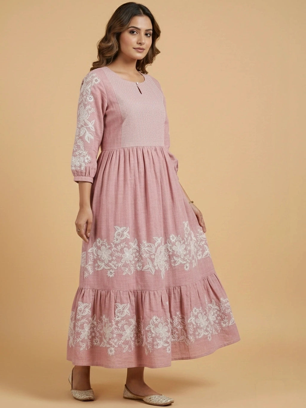 Dawn Pink Chambray Floral Embroidered Tiered Dress