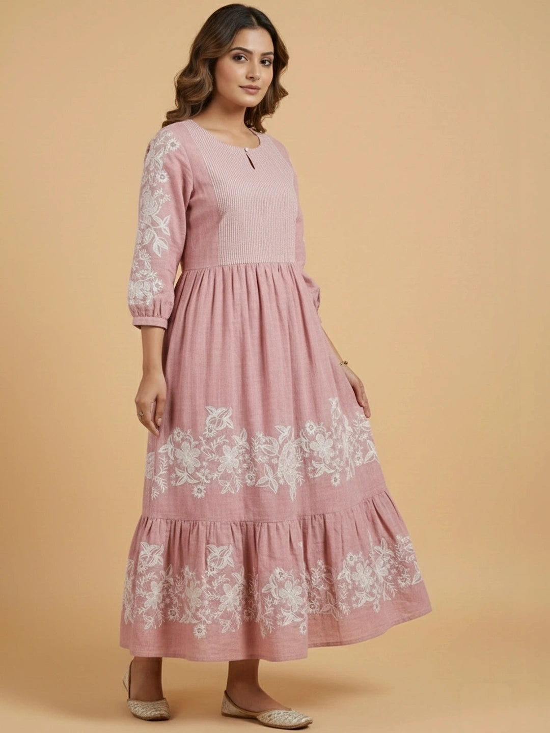 Dawn Pink Chambray Floral Embroidered Tiered Dress