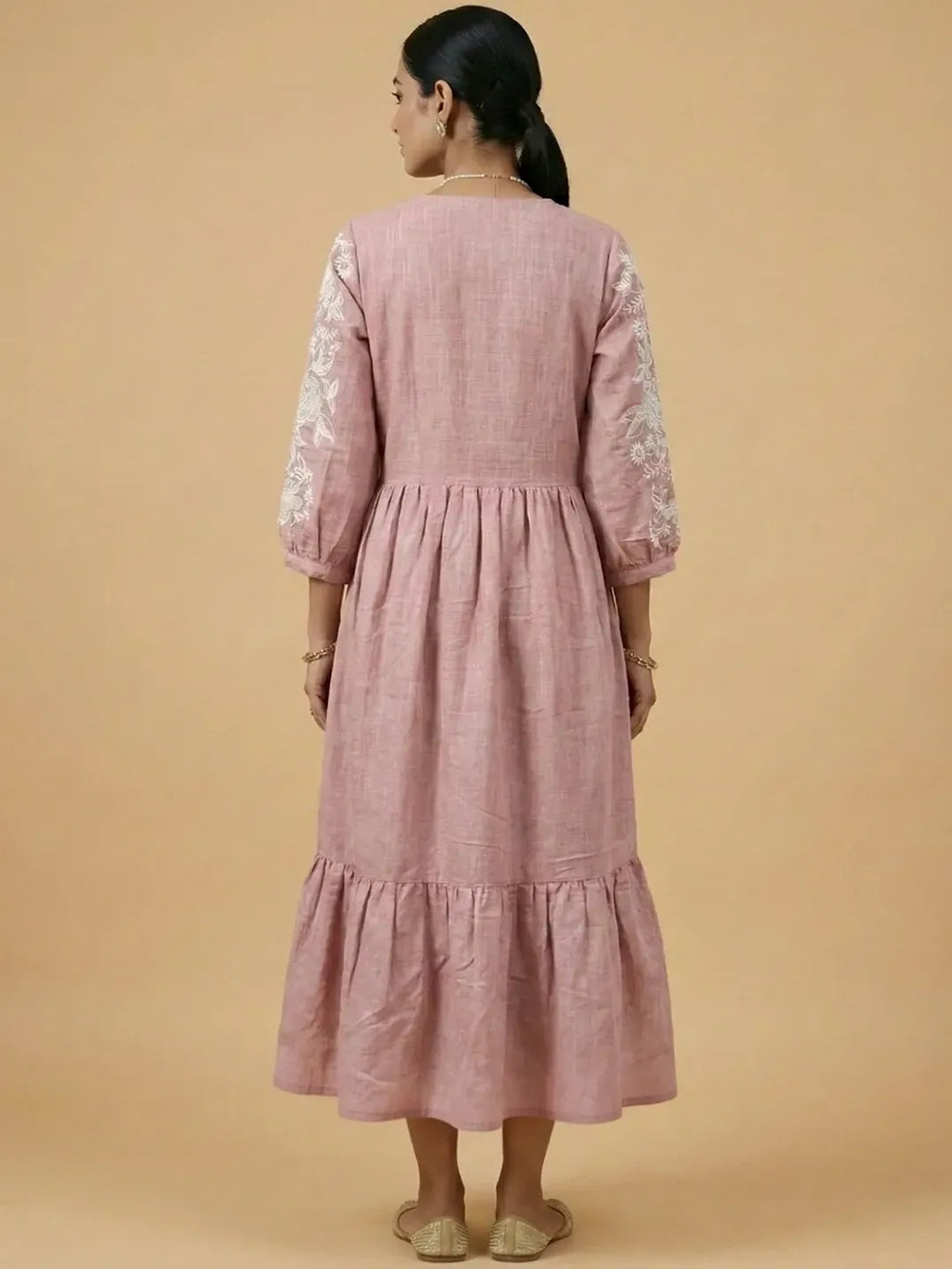 Dawn Pink Chambray Floral Embroidered Tiered Dress